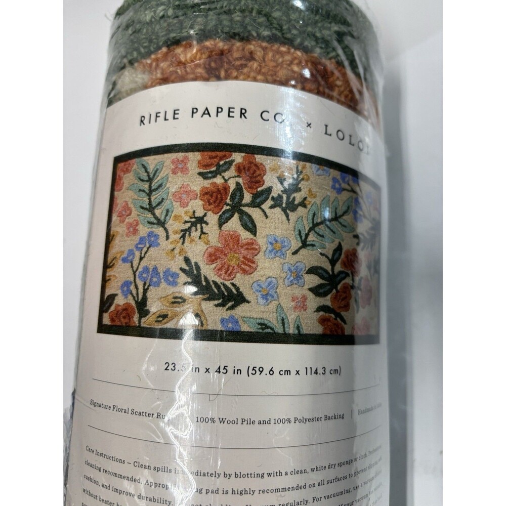 Rifle Paper Co Loloi Rug 100 % Wool Pile, 23.5" x 45" Floral Scatter, India, NEW